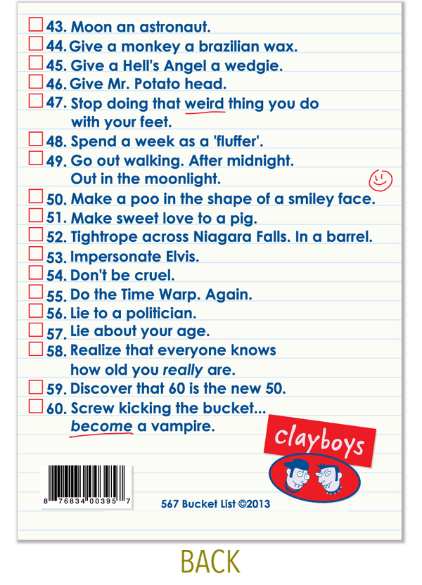 567 Bucket List (Birthday Card) Clayboys Cards